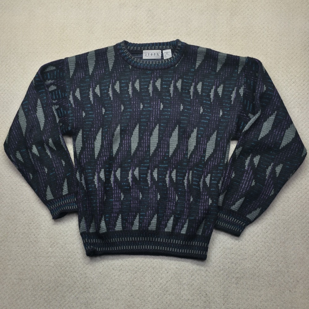 VTG 80s J. Todd Sweater Medium Geometric Abstract Purple Teal 100% Acrylic‎ Knit